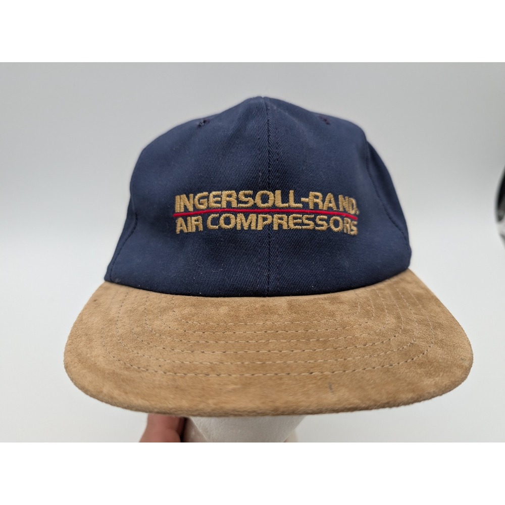 Ingersoll-Rand Air Compressors Hat Navy Blue Tan Suede Brim Leather Strap USA